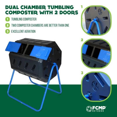FCMP Outdoor 37 Gallon 8 Sided Plastic Dual Chamber Double Door Tumbling Composter Outdoor Elevated Rotating Garden Compost Bin, Blue/Black 3 FCMP Outdoor 37 Gallon 8 Sided Plastic Dual Chamber Double Door Tumbling Composter Outdoor Elevated Rotating Garden Compost Bin, Blue/Black