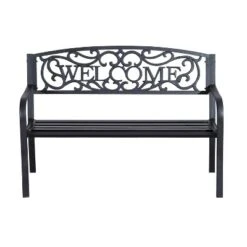 Outsunny 50" Outdoor Metal Welcome Bench, Powder Coated Cast Iron Sign & Steel Frame, 2 Person Bench With Antique Vine Motifs & Slatted Seat, Black 9 Outsunny 50" Outdoor Metal Welcome Bench, Powder Coated Cast Iron Sign & Steel Frame, 2 Person Bench With Antique Vine Motifs & Slatted Seat, Black -Garden & Outdoors GUEST c84c0508 1ce3 465a 90ac b4f94e3b2254