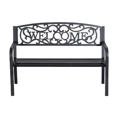 Outsunny 50" Outdoor Metal Welcome Bench, Powder Coated Cast Iron Sign & Steel Frame, 2 Person Bench With Antique Vine Motifs & Slatted Seat, Black 5 Outsunny 50" Outdoor Metal Welcome Bench, Powder Coated Cast Iron Sign & Steel Frame, 2 Person Bench With Antique Vine Motifs & Slatted Seat, Black - Image 3