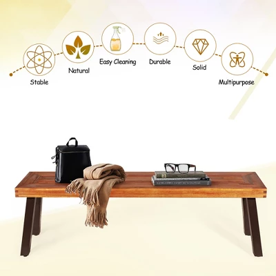 Costway Set Of 2 Patio Acacia Wood Dining Bench With Rustic Steel Legs Outdoor Indoor 6 Costway Set Of 2 Patio Acacia Wood Dining Bench With Rustic Steel Legs Outdoor Indoor - Image 4