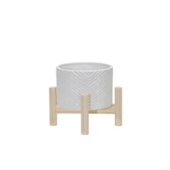 Sagebrook Home With Wood Stand Ceramic Planter Pots White