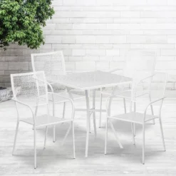 Emma And Oliver Commercial Grade 28" Square Metal Garden Patio Table Set W/ 4 Square Back Chairs