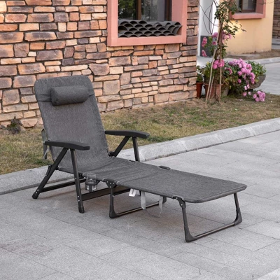 Outsunny Outdoor Folding Chaise Lounge Chair, Mesh Fabric Pool Chair With Adjustable Backrest, Pillow And Cup Holder For Poolside, Deck, Gray 4 Outsunny Outdoor Folding Chaise Lounge Chair, Mesh Fabric Pool Chair With Adjustable Backrest, Pillow And Cup Holder For Poolside, Deck, Gray - Image 2