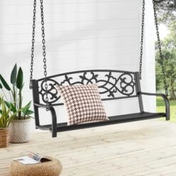 Costway 2-Person Metal Outdoor Porch Swing Hanging Patio Bench 485 Lbs Capacity BlackBrown -Garden & Outdoors GUEST dd9415d1 0871 45f6 b13d 043698590178