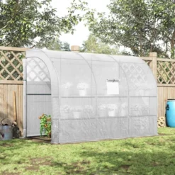 Outsunny 10' X 5' X 7' Lean To Greenhouse, Walk-In Wall Green House Plant Nursery With 2 Roll-up Doors And Window, PE Cover And 3 Wire Shelves