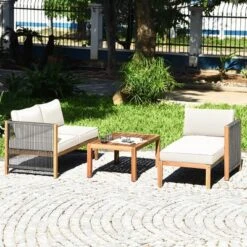 Costway 3PCS Patio Acacia Wood Sofa Furniture Set Thick Cushion W/Nylon Rope Armrest