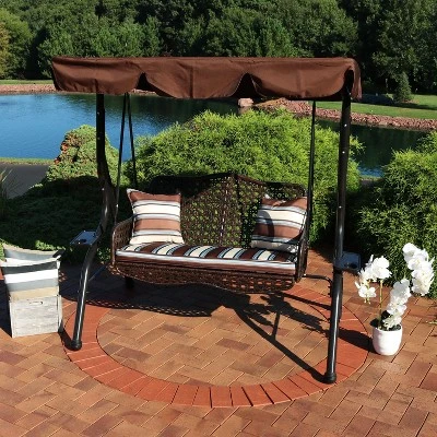 Sunnydaze Decor Sunnydaze 2-Person Outdoor Patio Swing With Adjustable Canopy Shade, Cushions And Pillow, Brown Stripe 3 Sunnydaze Decor Sunnydaze 2-Person Outdoor Patio Swing With Adjustable Canopy Shade, Cushions And Pillow, Brown Stripe