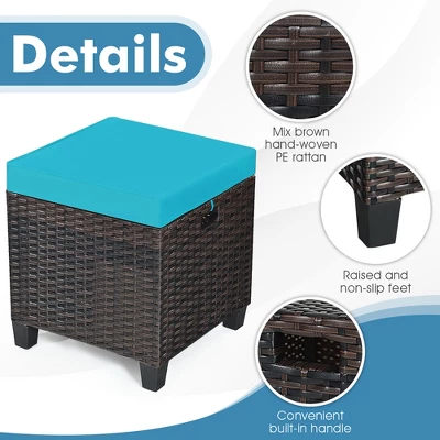Costway 2PCS Patio Rattan Ottoman Cushioned Seat W/ Foot Rest Turquoise 8 Costway 2PCS Patio Rattan Ottoman Cushioned Seat W/ Foot Rest Turquoise - Image 6