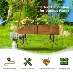 Costway Garden Plant Planter Wooden Wagon Planter W/ Wheel Garden Yard -Garden & Outdoors GUEST f252031c f50f 484b 9240 52efc8f951cd