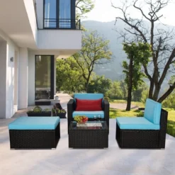 4pc Outdoor Wicker Conversation Set With Cushions - Blue/Brown - GODEER