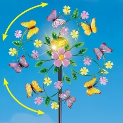 Collections Etc Solar Powered Butterfly Floral Wind Spinner Garden Stake