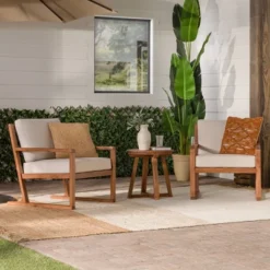 Saracina Home 3pc Modern Slat-Back Acacia Outdoor Conversation Set With Cushions